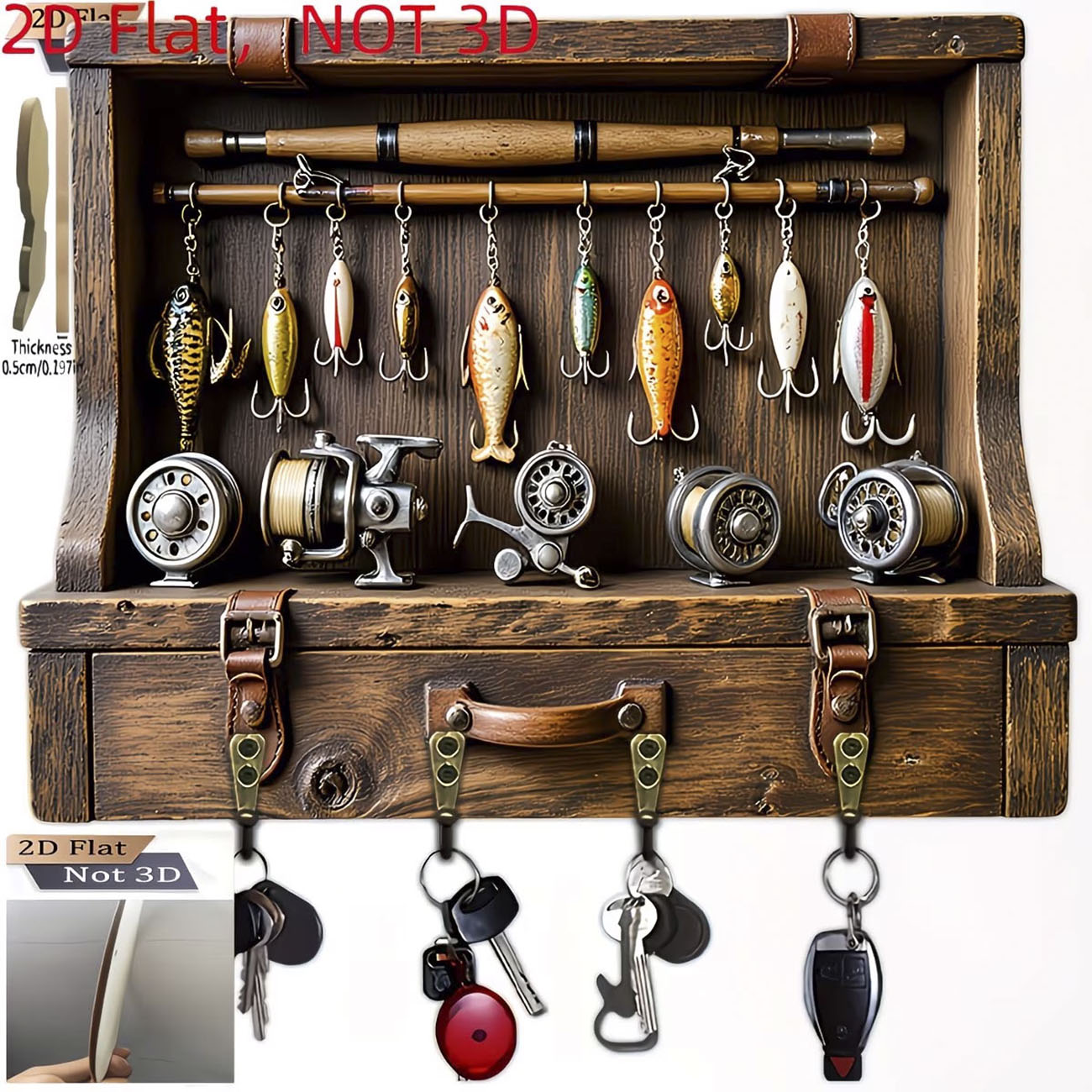 Fishing Rod Combo - Vintage Balıkçılık Yemi Anahtar Askısı, 2D